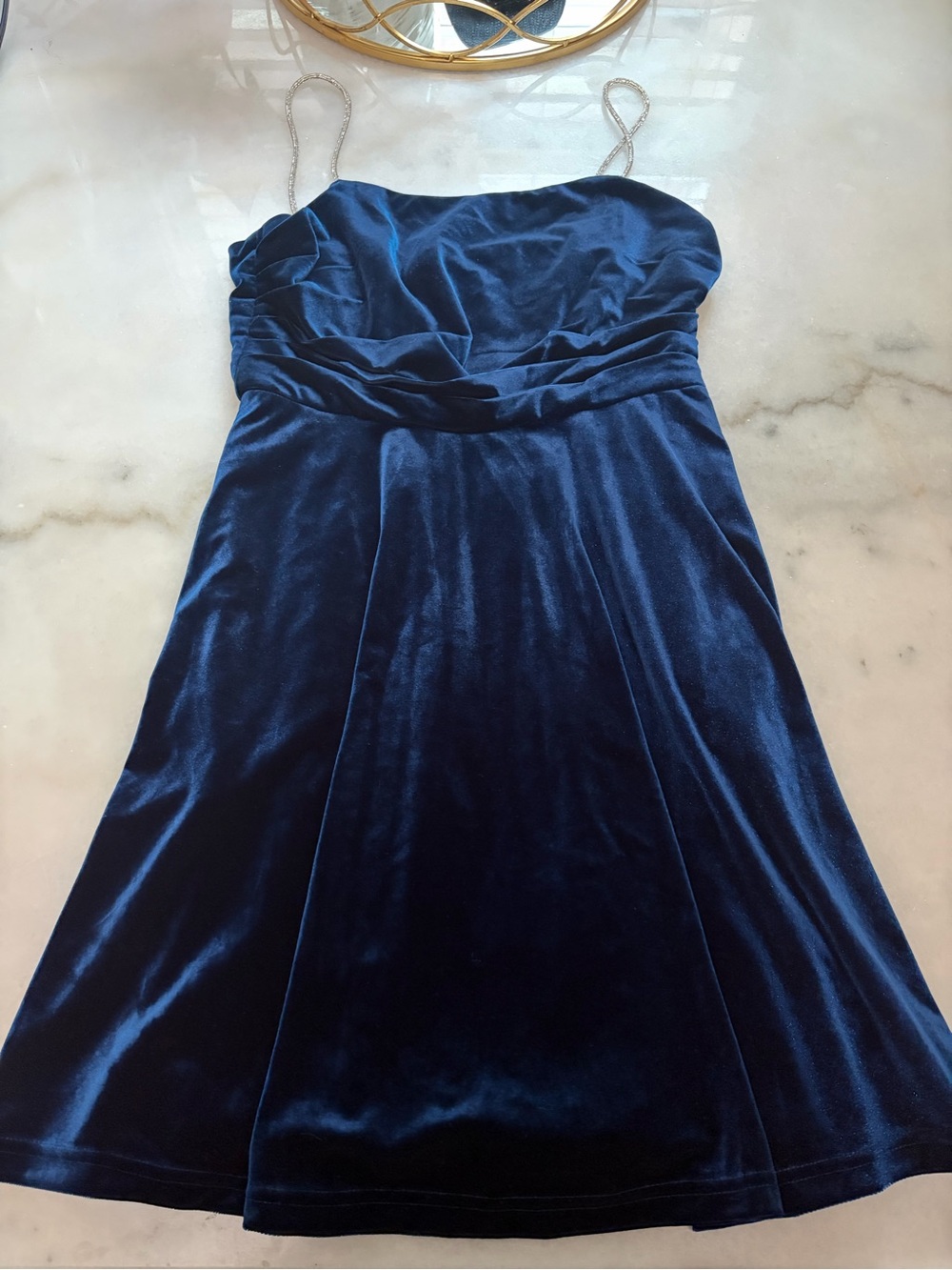 Midnight Blue Velvet Prom Dress with Chain Straps